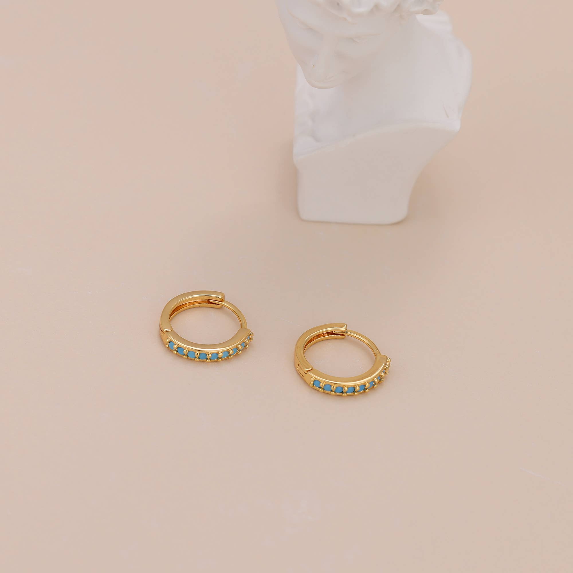 Melange Blanc - Wholesale Huggie Earrings - E138 Paved turquoise huggie hoop earrings, gold hoops4