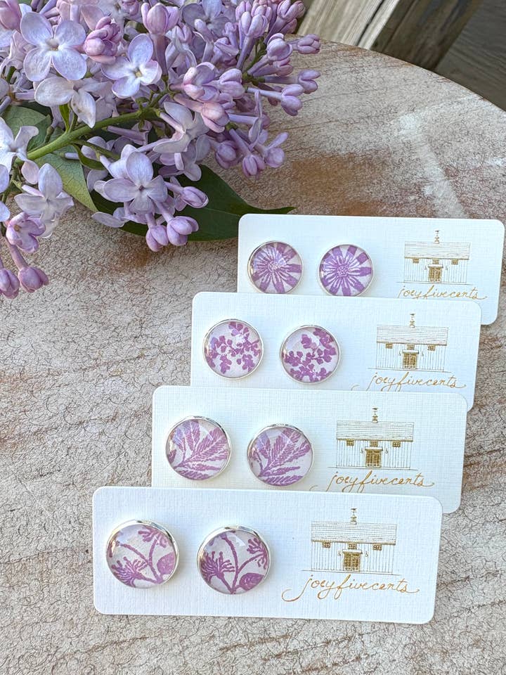 Studs - large silver handstamped lilac purple botanicals for wholesale by joeyfivecents