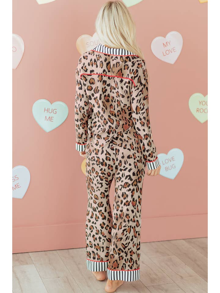 Khaki Leopard Colorblock Stripe Edge Shirt and Pants Pajama Set for wholesale on Faire1