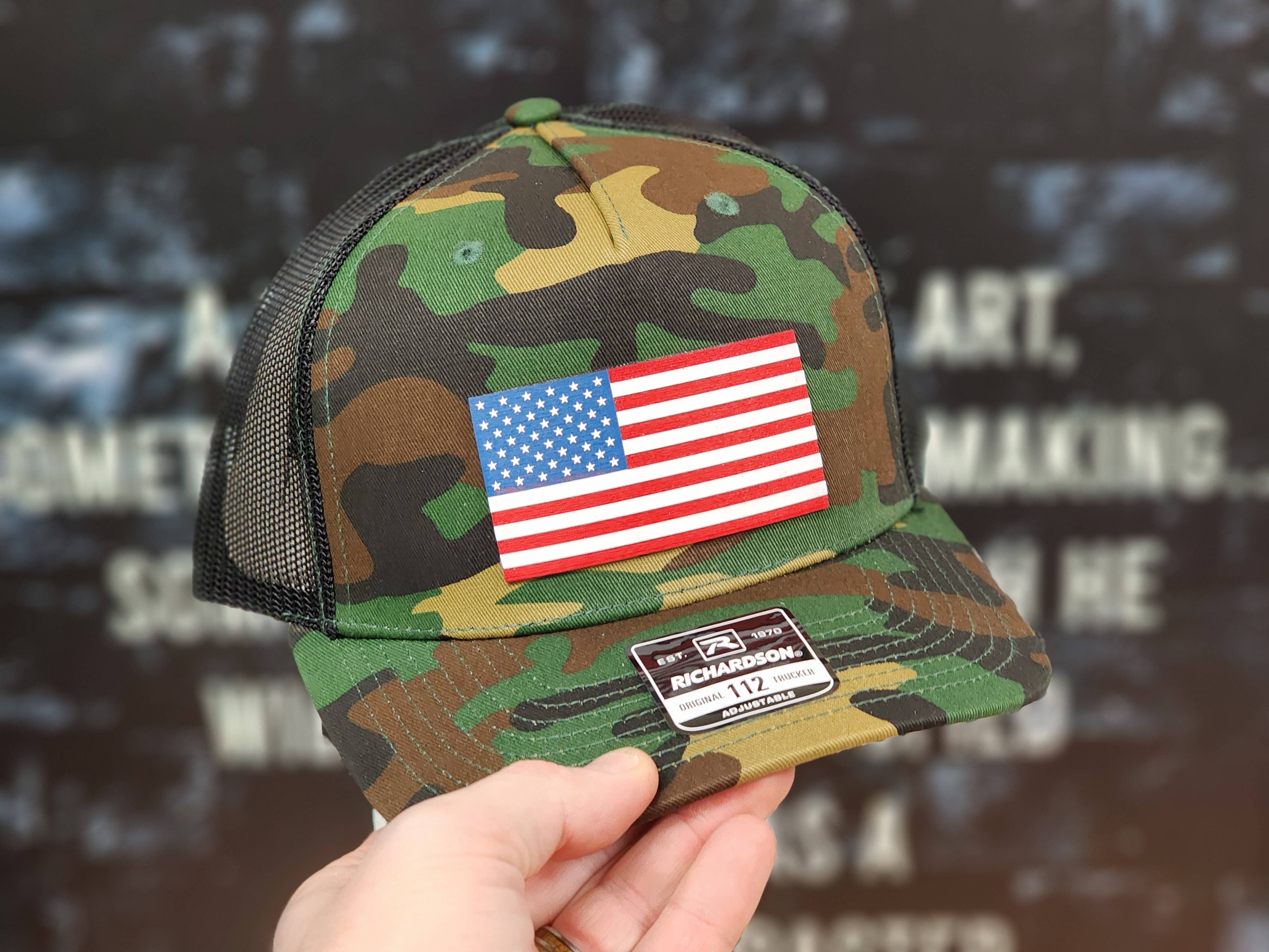 Knot Creatives - Wholesale Trucker Hat - Unisex - Camouflage Trucker Cap with American Flag Patch1