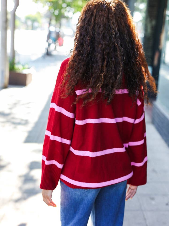 Promenade - Wholesale Pullover-trui - Dames - Fall For You oversized trui met karmozijnrode strepen en inkepingen en kraag (open verpakking)2