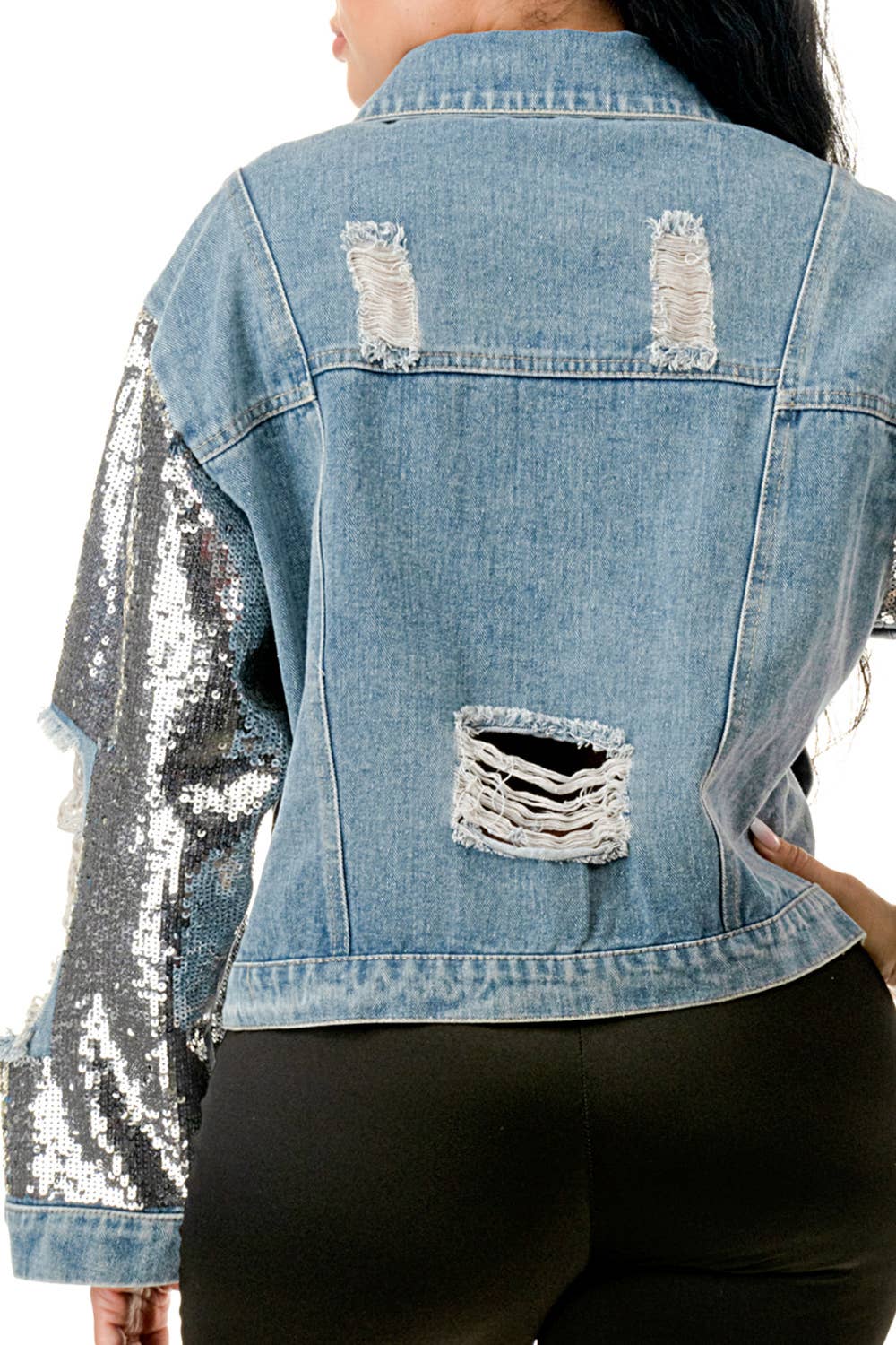 SALT - Wholesale Denim Jacket - Women's - (NJ7209)Sequin Sleeve Distressed Denim Crop Jacket5