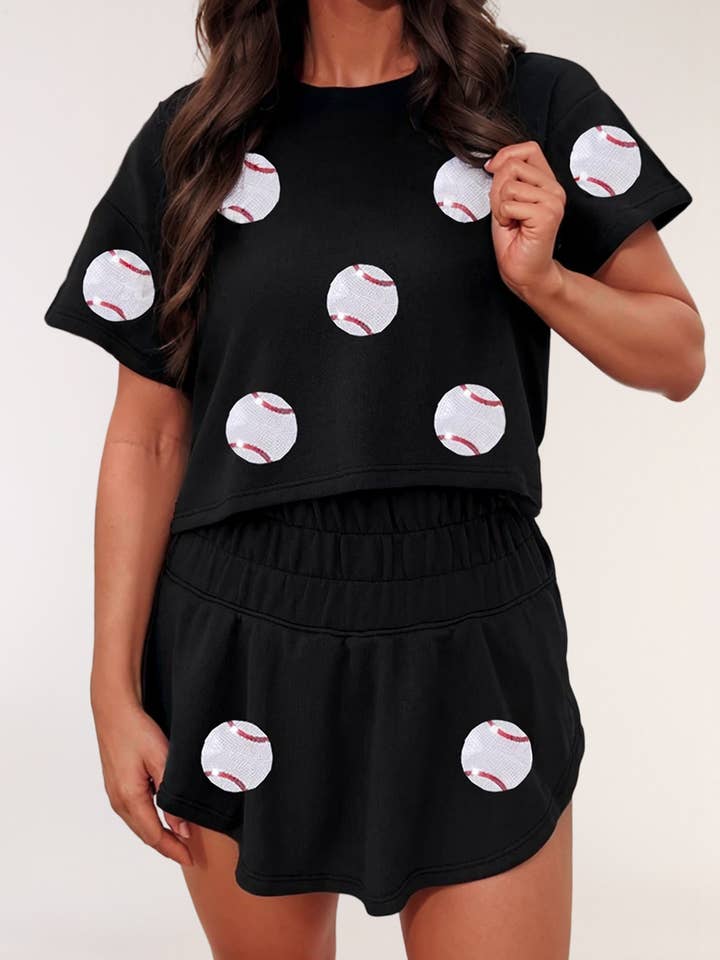 Baseball Print Cropped Tee and Ruffle High Waist Skort Set for wholesale by LA Society