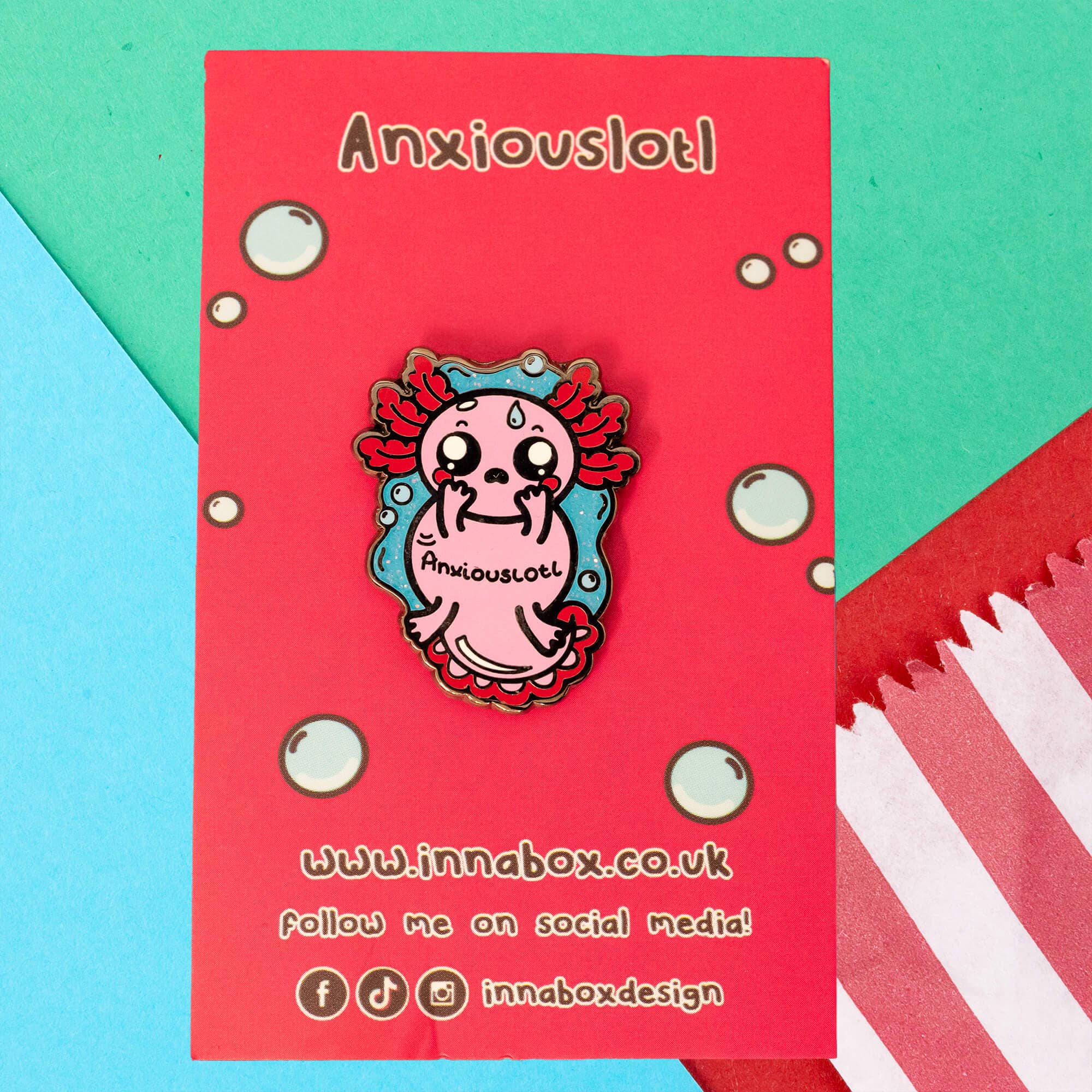 Innabox Ltd – wholesale Lapel pin/button – Anxiouslotl Glittery Axolotl Enamel Pin - Anxious1