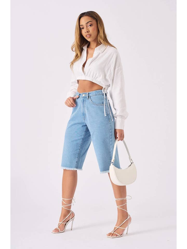 JMOJO UK Limited – Großhandel Shorts – Damen – Elara Longline Denim-Shorts – Hellblaue Waschung2