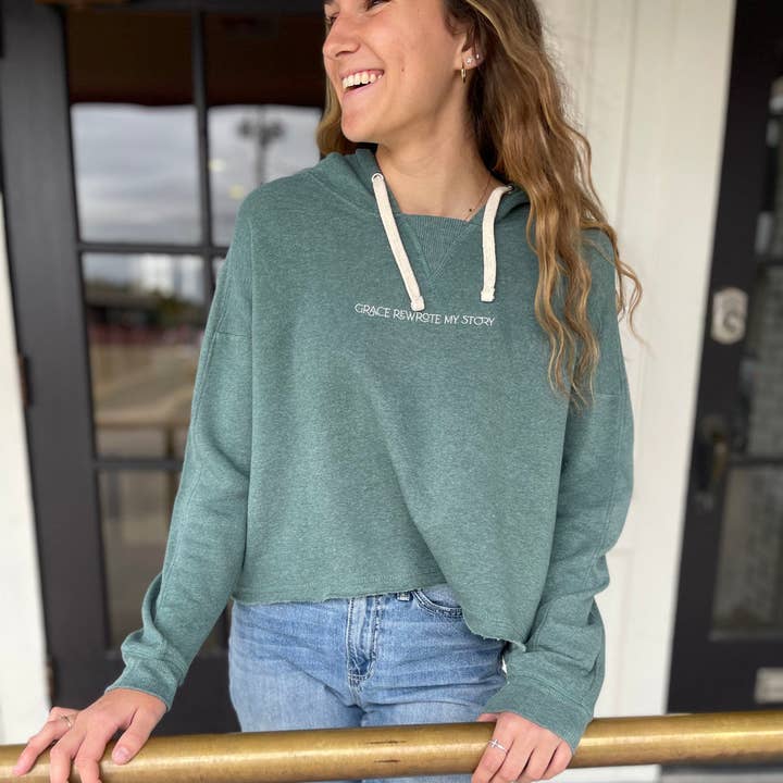 Grace Rewrote My Story Mid-Length Hoodie in Mallard Green for wholesale by Etch & Co