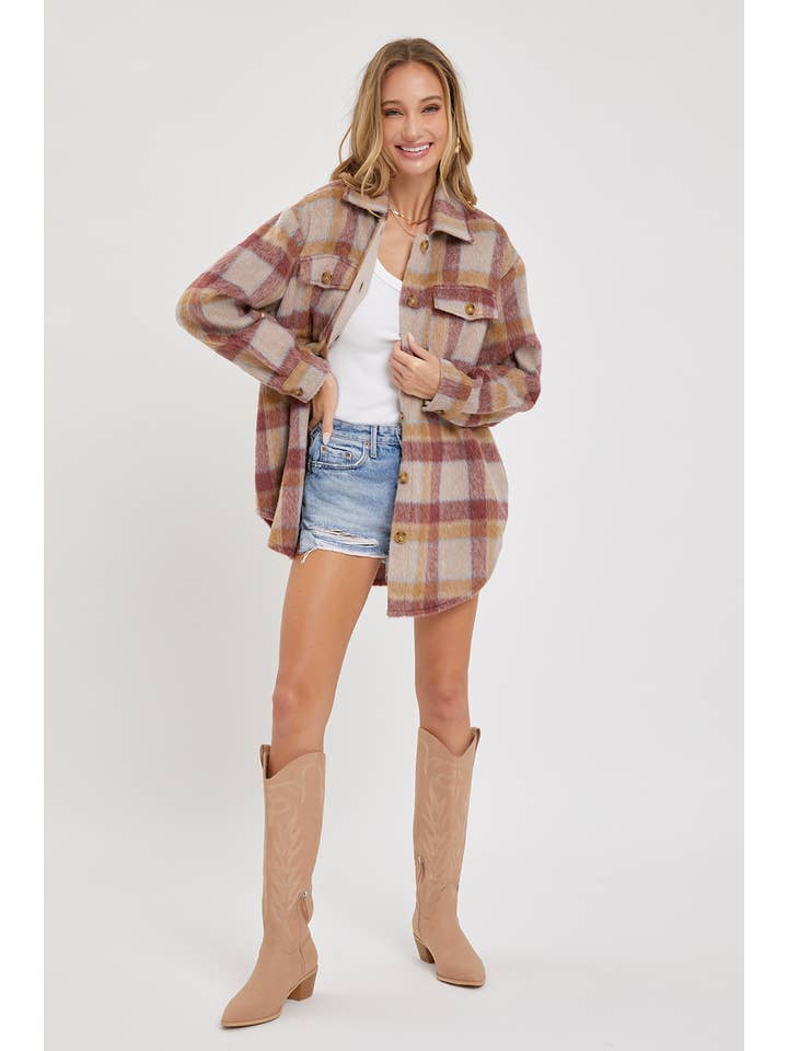 MAUVE BURGUNDY OUTERWEAR CLASSIC PLAID SHACKET/JACKET for wholesale on Faire7