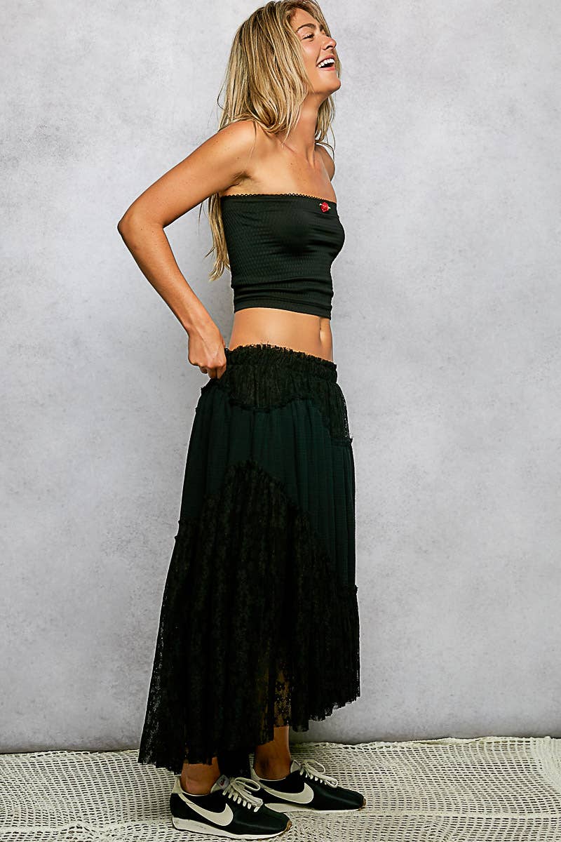 Pol Clothing - Wholesale Skirt - Women's - Double gauze raw edge lace patch solid maxi skirts5