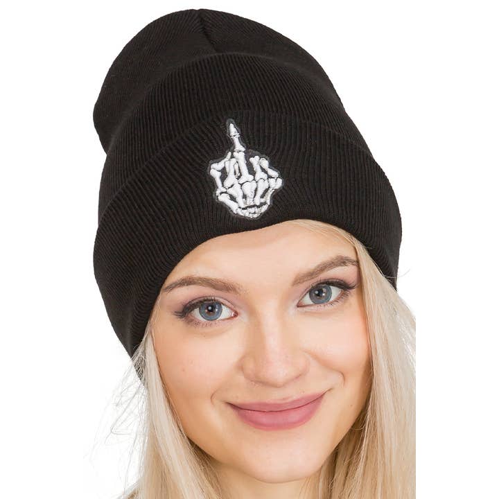Cap Zone - Wholesale Beanie - Women's - Middle Finger Up Skeleton Cuffed Classic Beanie