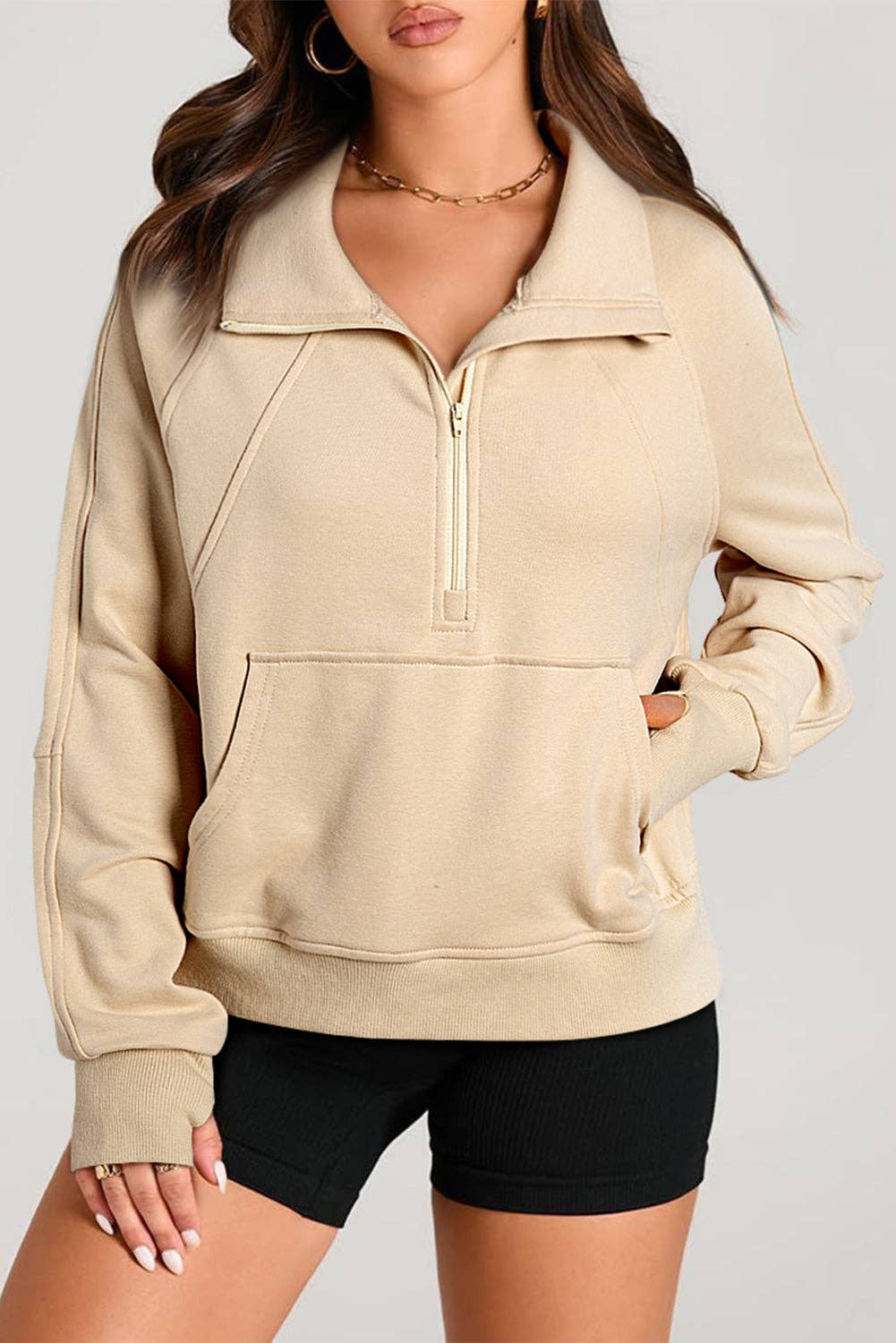 Lovesoft - Wholesale Sweatshirt - Women's - Solid Color Quarter Zip Stand Neck Kangaroo Pocket Sweatshirt8