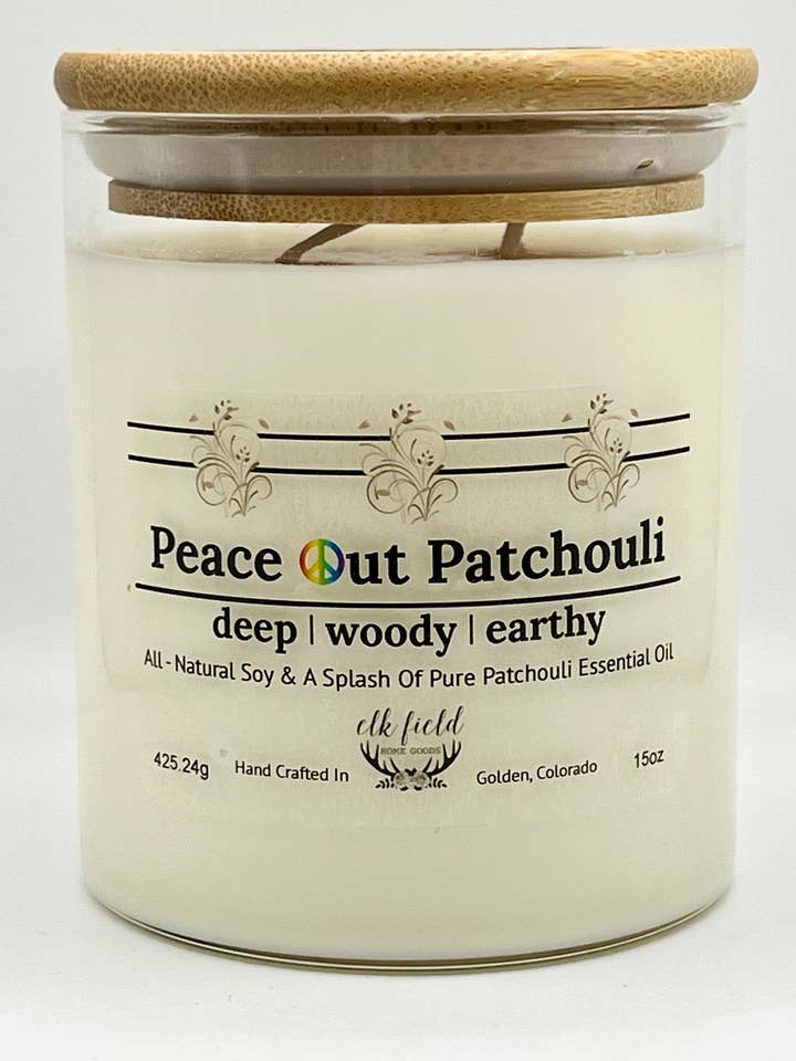 Peace Out Patchouli Soy Candle for wholesale by Elk Field Home Goods