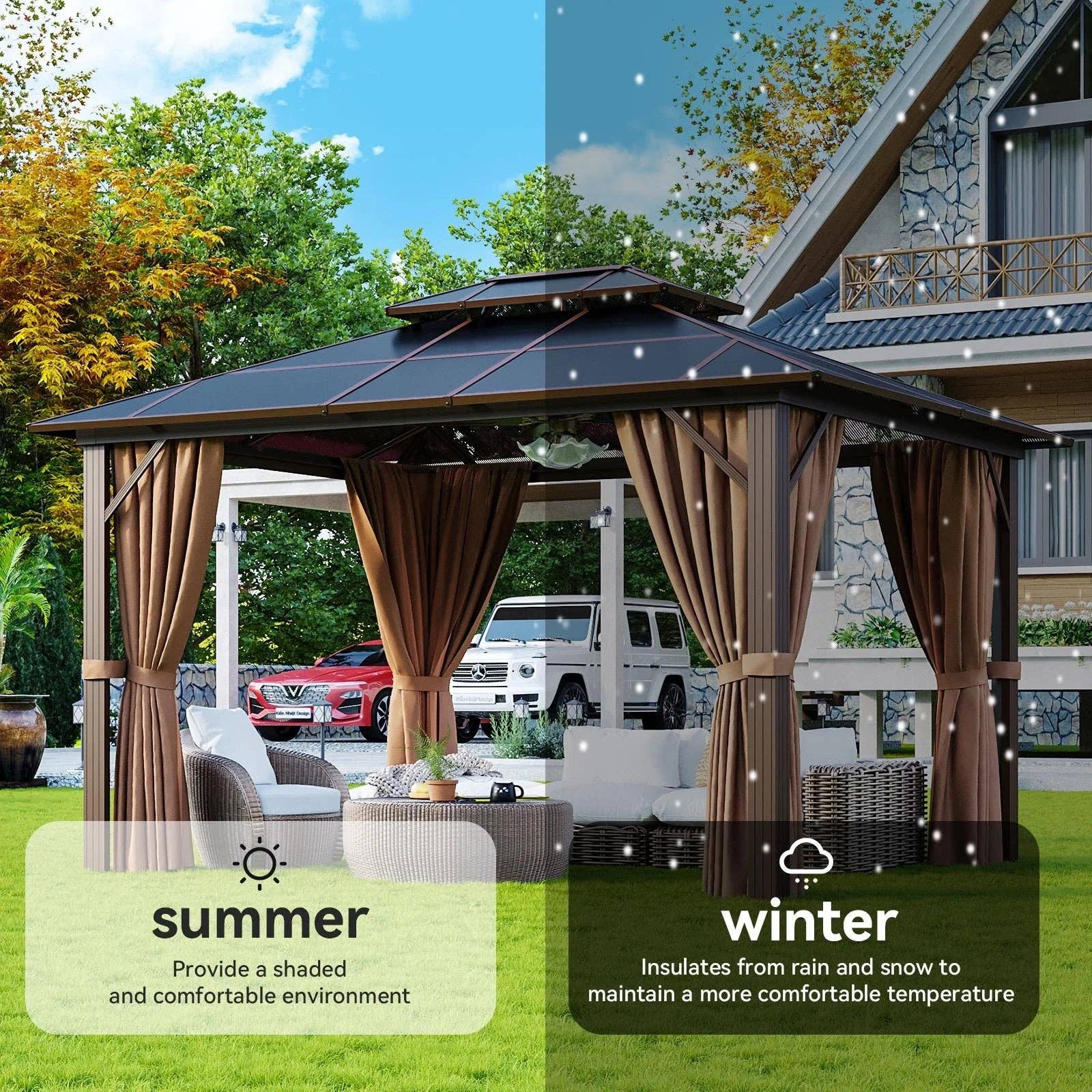 ShipItFurniture - Wholesale Outdoor Ornament/Decor - 10 Ft. X 12 Ft. Hardtop Gazebo, Double Polycarbonate Roof Aluminum Frame Gazebo W/Curtain and Netting, Brown6
