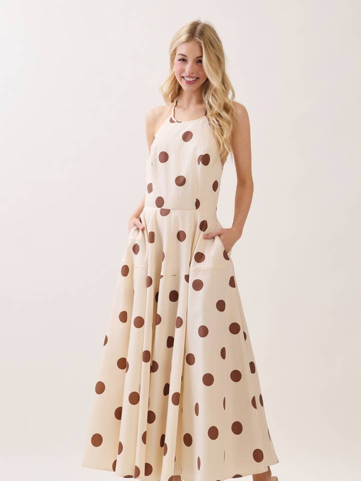 Polka Dot Sleeveless Halter Maxi Dress HD3371-CREAM for wholesale by B I G H I T Fashion