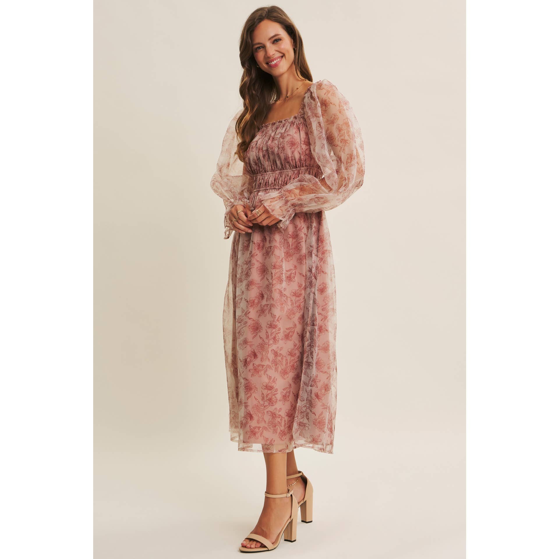 in february - Wholesale Jurk - Dames - ETHERISCHE ELEGANTIE BLOEMIGE ORGANZA MIDI-JURK MET ELASTISCHE TAILLE22