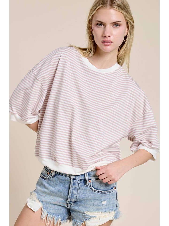 La Miel – Engroshandel Strikket top - Dame – MCT7688-løs pasform Stribet kortærmet top med rund halsudskæring37