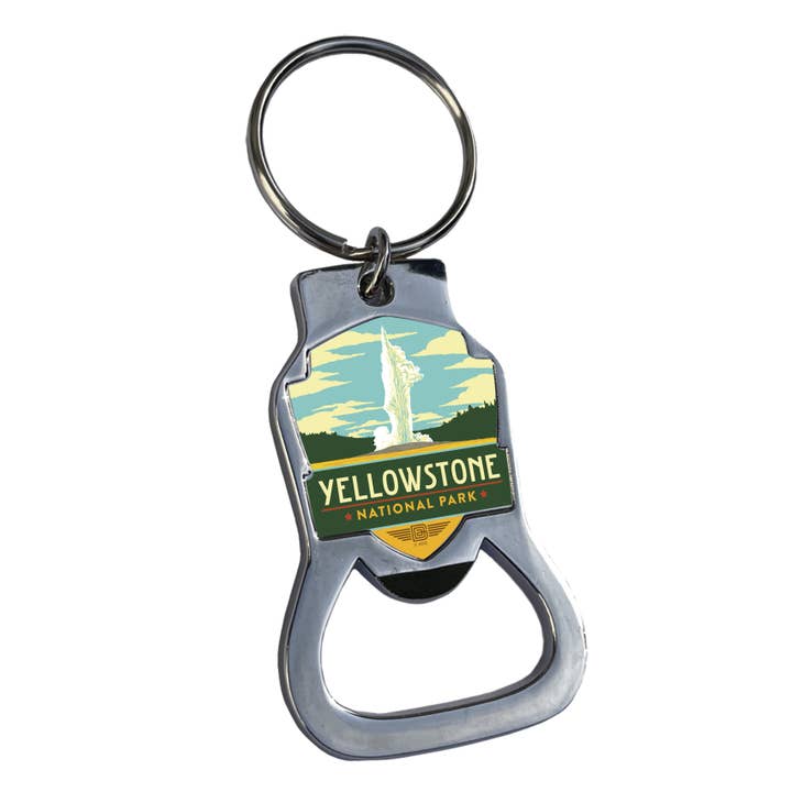 Yellowstone Old Faithful Emblem Bottle Opener Key Ring for wholesale by Tourist Courts