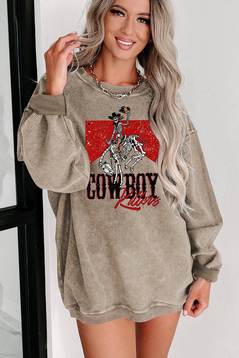 Lovesoft - Wholesale Graphic Sweatshirt - Women's - Cowboy Graphic Ribbed Knit Oversized Sweatshirt4