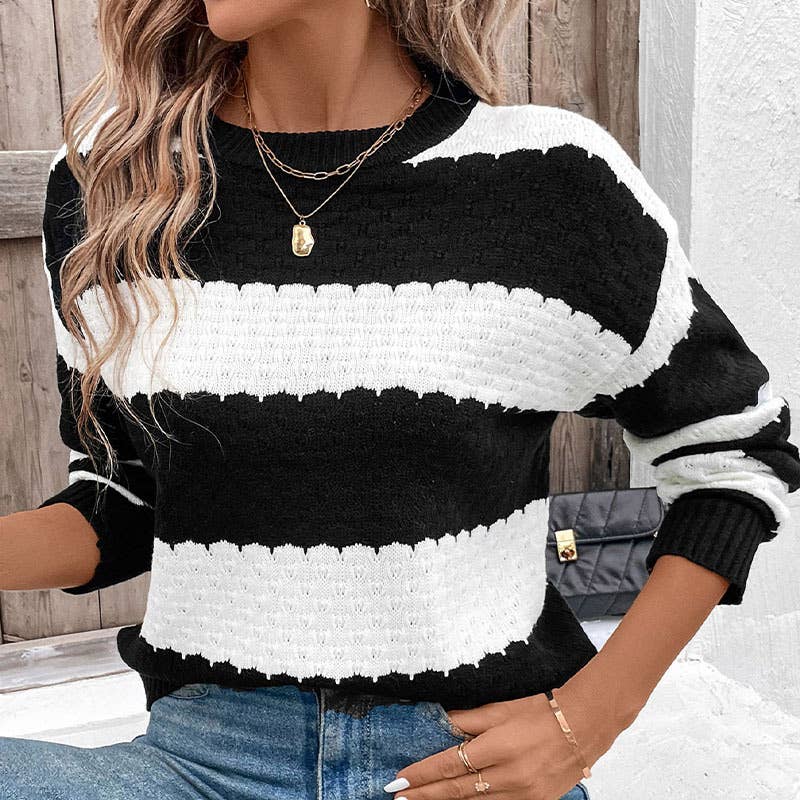 Crew Neck Black And White Striped Knit Pullover for wholesale on Faire4
