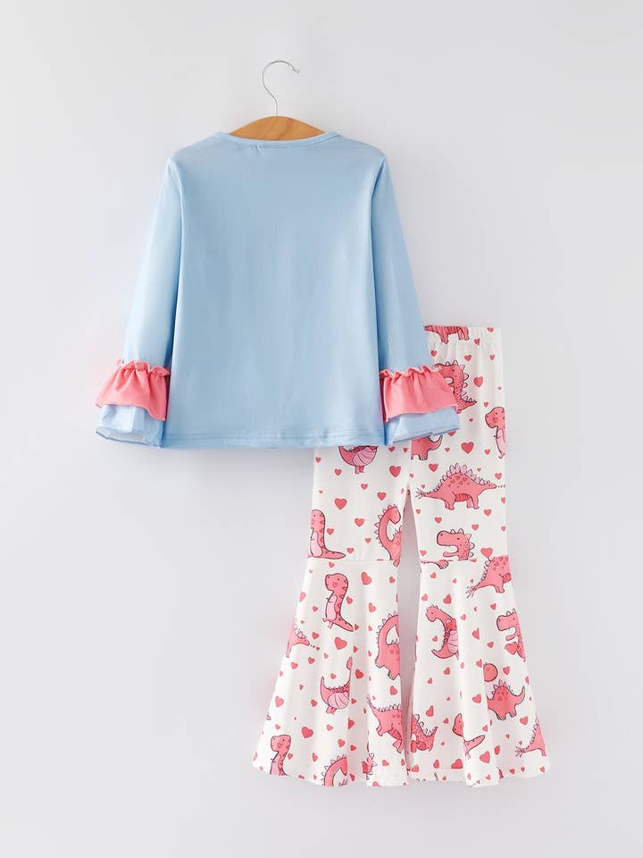 Rylee Faith Designs - Vendita all'ingrosso Completo top e pantaloncini - Bambini - Set con Maglia a Volant con Stampa di Lettera di Dinosauro per San Valentino e Pantaloni Svasati