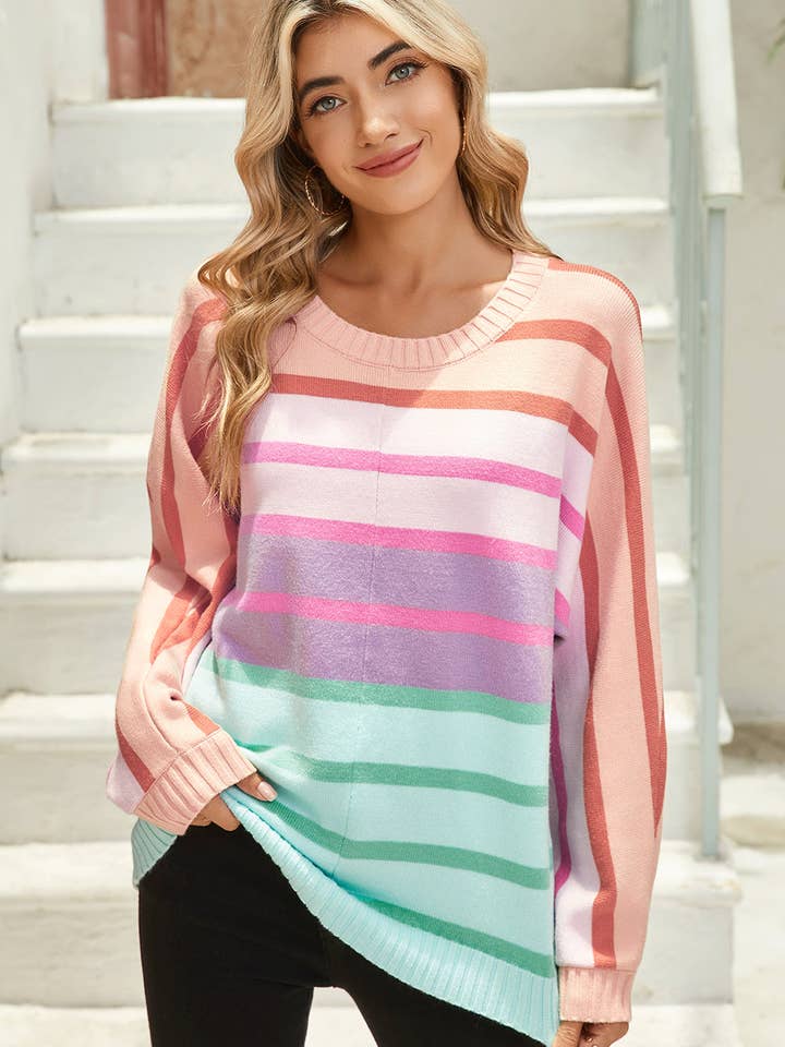 Meerkleurige, gestreepte, losse trui met geribbelde rand en gradiƫnt voor wholesale door Kristine Leah