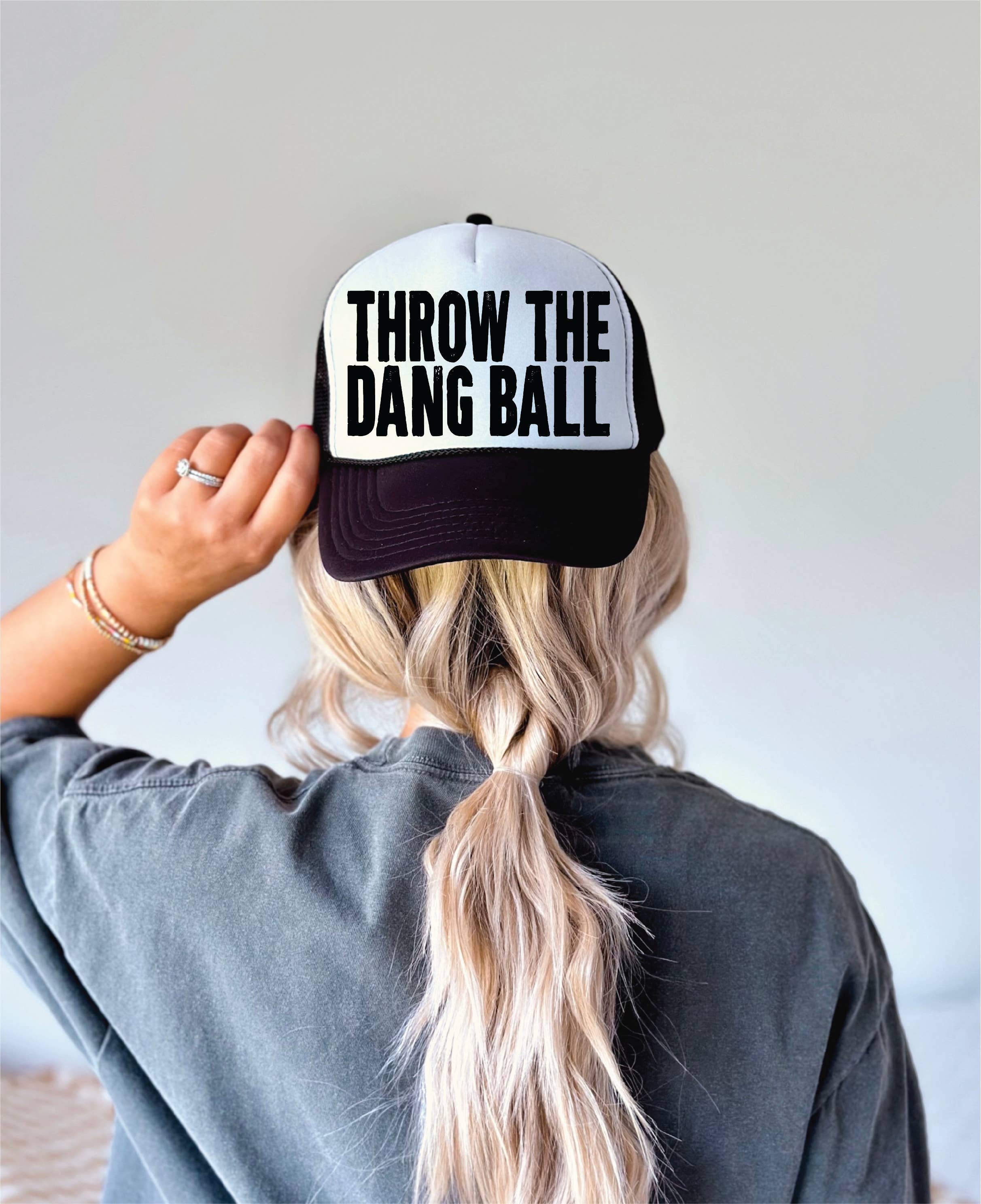 Southern Attitude Designs Inc - Wholesale Trucker Hat - Women's - Throw The Dang Ball Football DTF Printed Black And White Trucker Hat