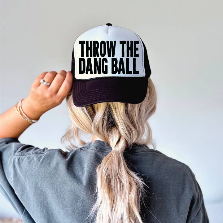 Southern Attitude Designs Inc - Wholesale Trucker Hat - Women's - Throw The Dang Ball Football DTF Printed Black And White Trucker Hat0