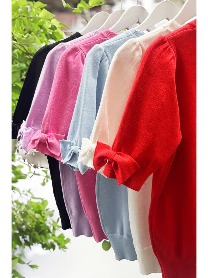 Vine & Love - Vente Haut en maille – femme - Haut en tricot à col rond avec manches bouffantes et nœud décoratif VT8267012