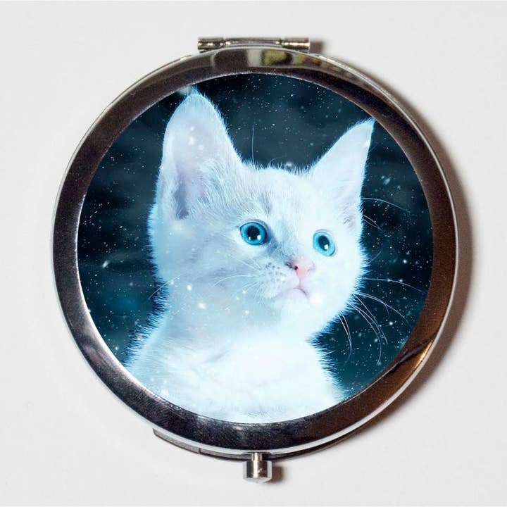 FringePop - Wholesale Compact Mirror - White Cat Compact Mirror - Kawaii Cute Animal Art - Make Up Pocket Mirror for Cosmetics