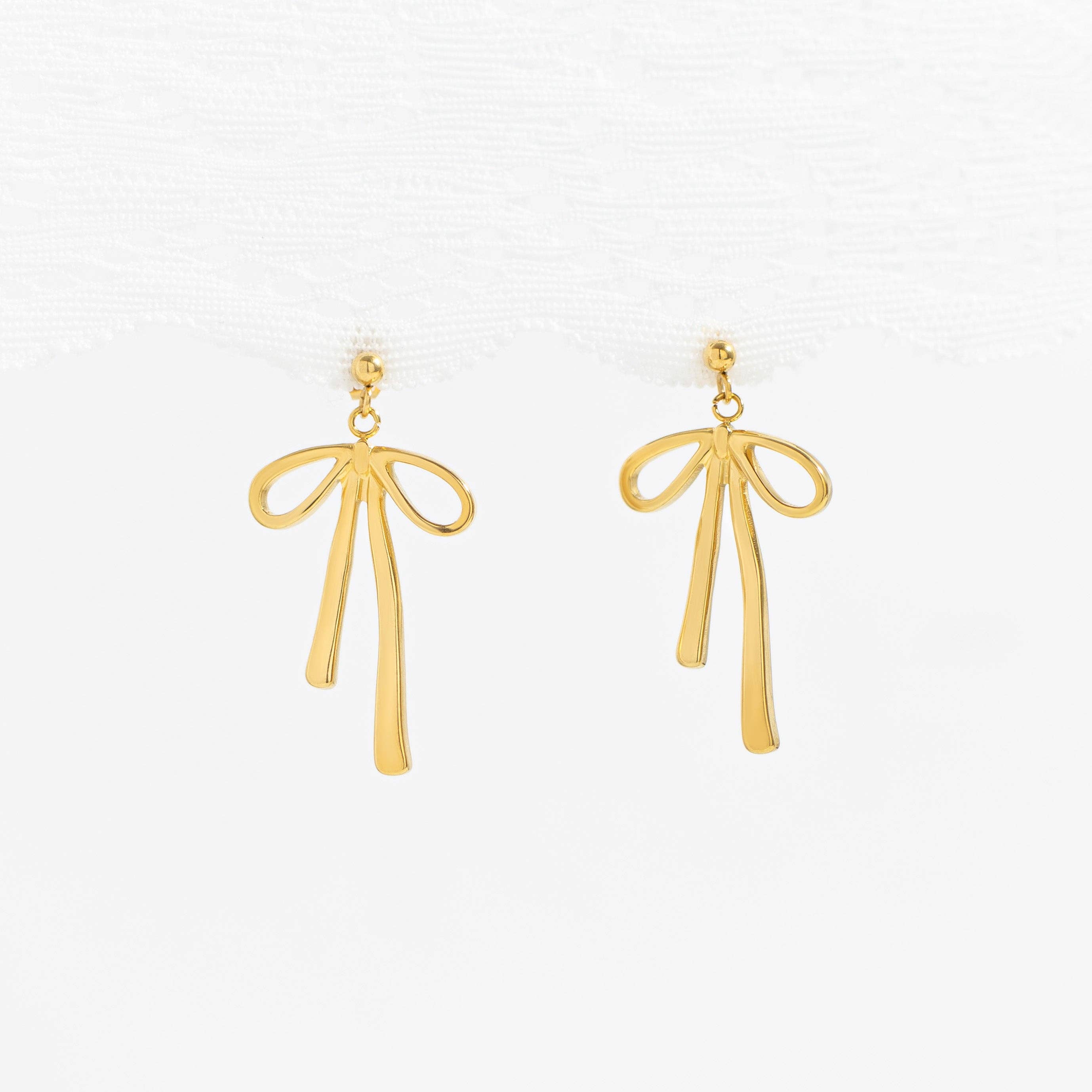WJW - Wholesale Dangle Earrings - 18K Gold PVD Stainless Steel Ribbon Bow Earrings4