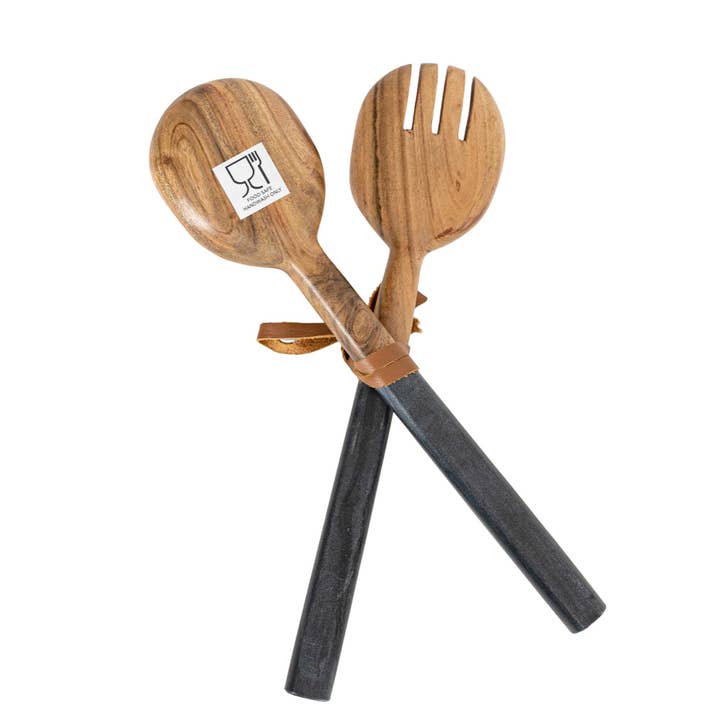 Foreside Home & Garden - Wholesale Serving Utensil - Louisa Set 2 Serving Wood Utensils Black Marble Handles2