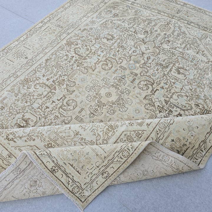 Oushak Rug 8x11 Muted Beige Heriz Medallion Hand Knotted Vintage Wool Area Carpet for wholesale by MesopotamiaRugs