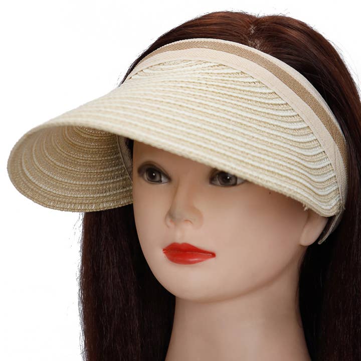 Cap Zone - Wholesale Visor – Women's - Harbor Stripe Sweatband Paper Straw Sun Visor4