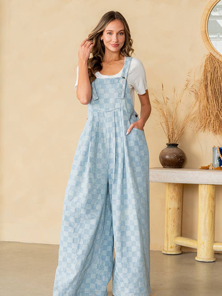 Mono vaquero de pierna ancha con estampado a cuadros para venta al por mayor de Sew In Love