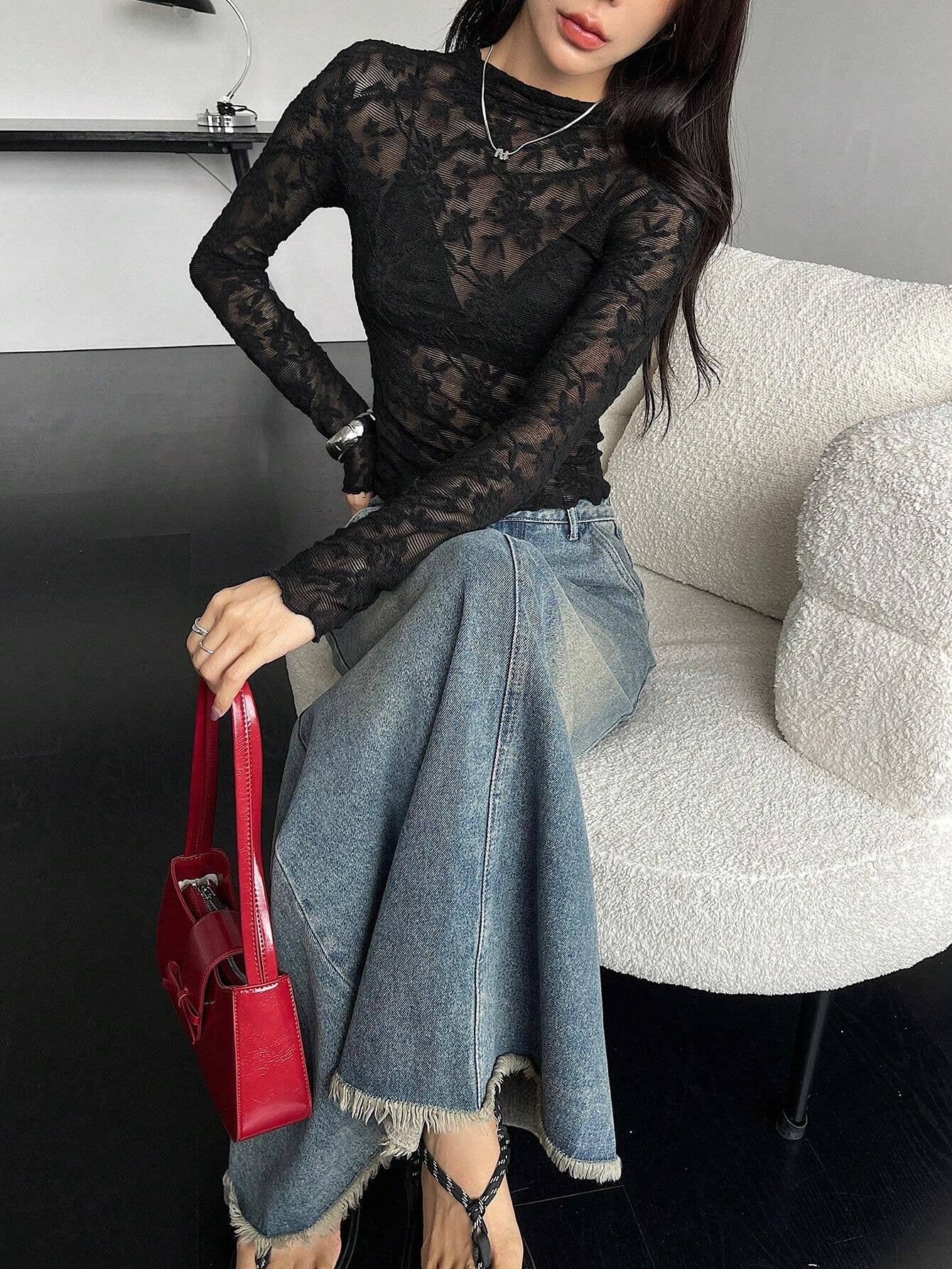 Sexy Black Sheer Lace Skinny Long-Sleeved Top for wholesale on Faire2