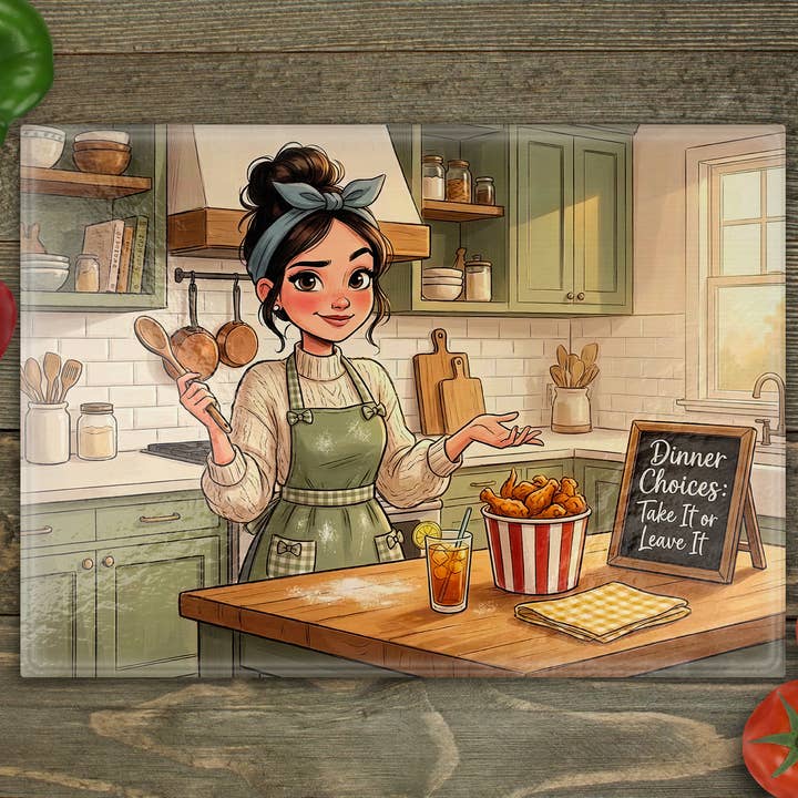 Dinner Choices Glass Cutting Board for wholesale by Beautiful Creations by Laney