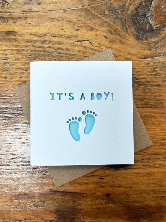 Paper Cut Miniature New Baby 'It's A Boy!' Die-Cut Card for wholesale by Laura M Designs