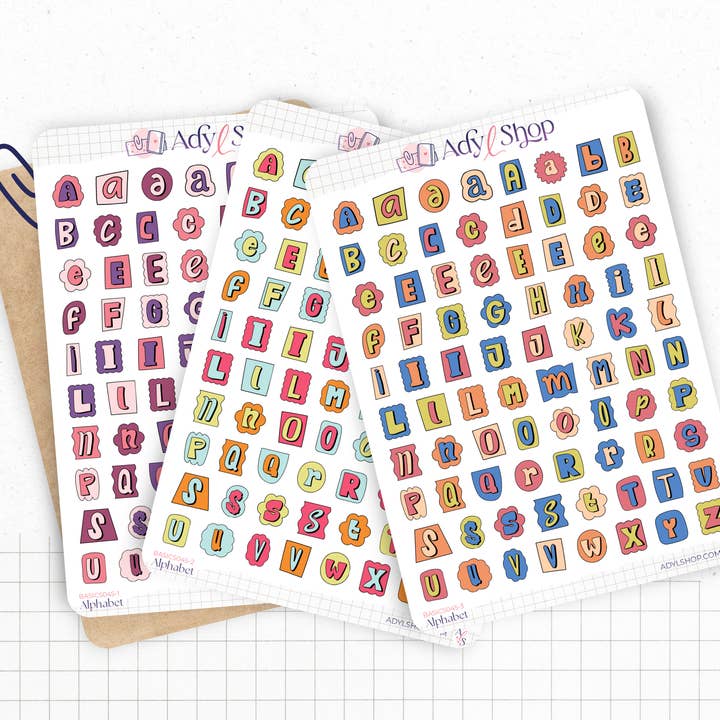 Ark med alfabetklistermärken – roligt & färgglatt – Bokstäver i originella former (1,2 cm) | Journaling & Bullet Journal för wholesale av AdyLShop