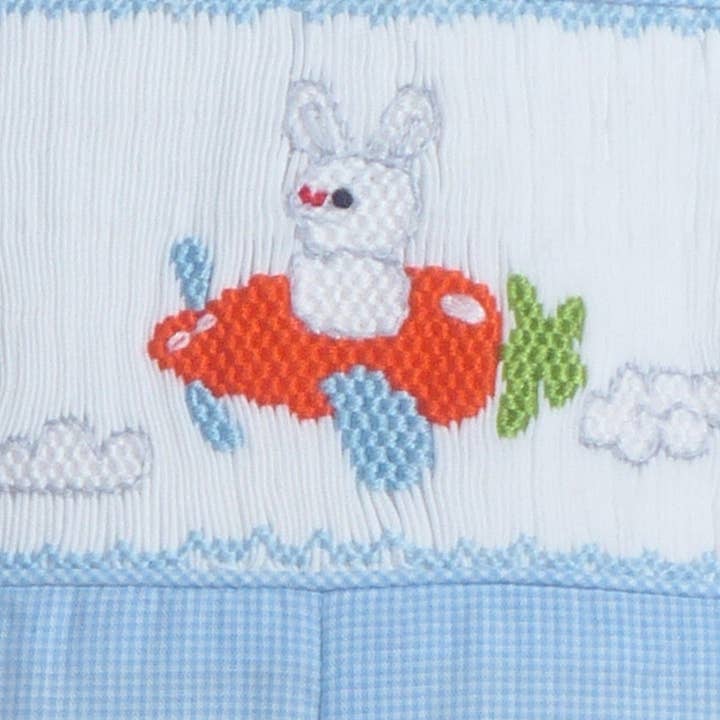 Light Blue Bunny Smocked Shortall for wholesale by Hello Bebes!