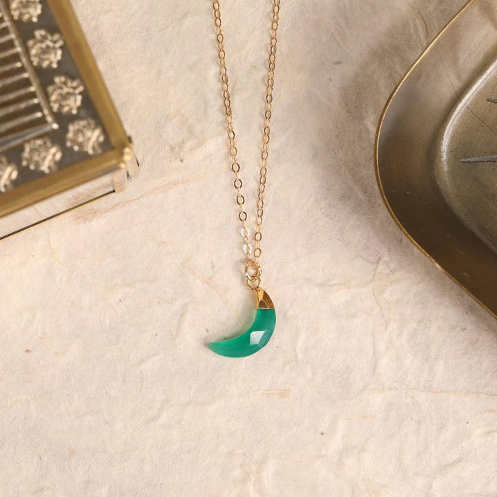 Green Onyx Moon Pendant Gold Necklace for wholesale by Soul & Little Rose