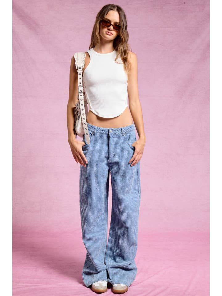 MAYA Distress Stripe Detail Wide-Leg Denim Jeans for wholesale on Faire4