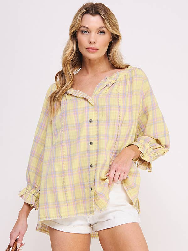 RAW EDGE PLAID BUTTON DOWN BLOSUE for wholesale by JADE BY JANE