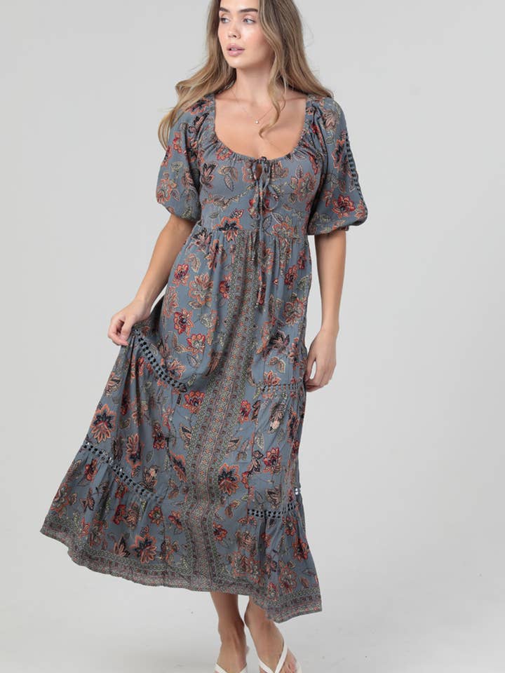 F4K33-FR39 LACE TRIM OPEN TIE BACK SHORT SLEEVE MAXI DRESS for wholesale by ANGIE