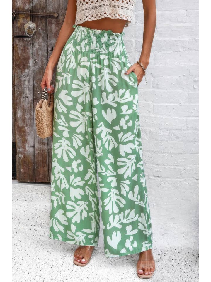 CC Wholesale Clothing - Venta al por mayor Pantalones - Mujer - Pantalón de Pierna Ancha de Cintura Alta con Volante Doblado y Estampado Integral17