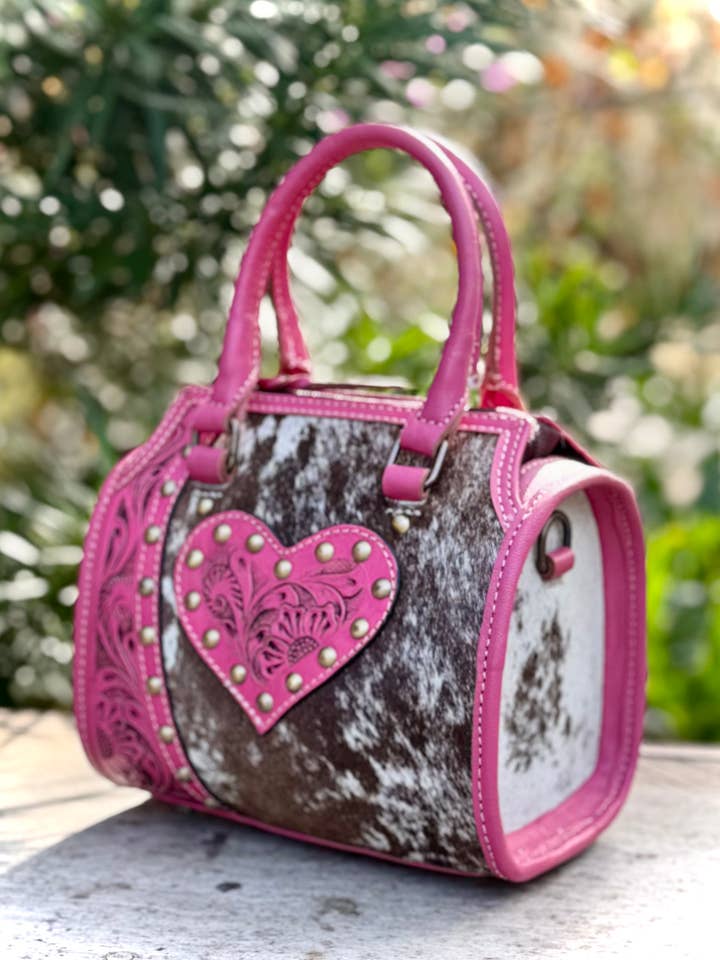 Pink Heart Tooled Leather Cowhide Speedy Bag Western Rodeo for wholesale by Southern Junkie Gypsy Boutique