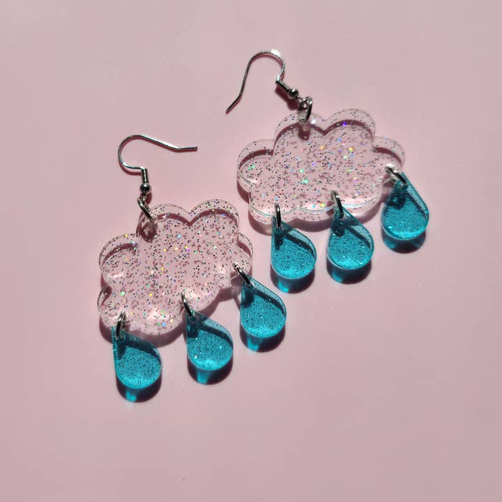 Mini Kitty Designs - Wholesale Dangle Earrings - Jelly Glitter Clouds with Raindrops - Earrings - Laser Cut3