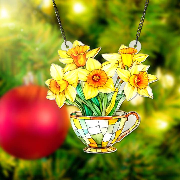 Merchemy - Wholesale Ornament - Flower Daffodils Teacup Acrylic Window Hanging Ornament6