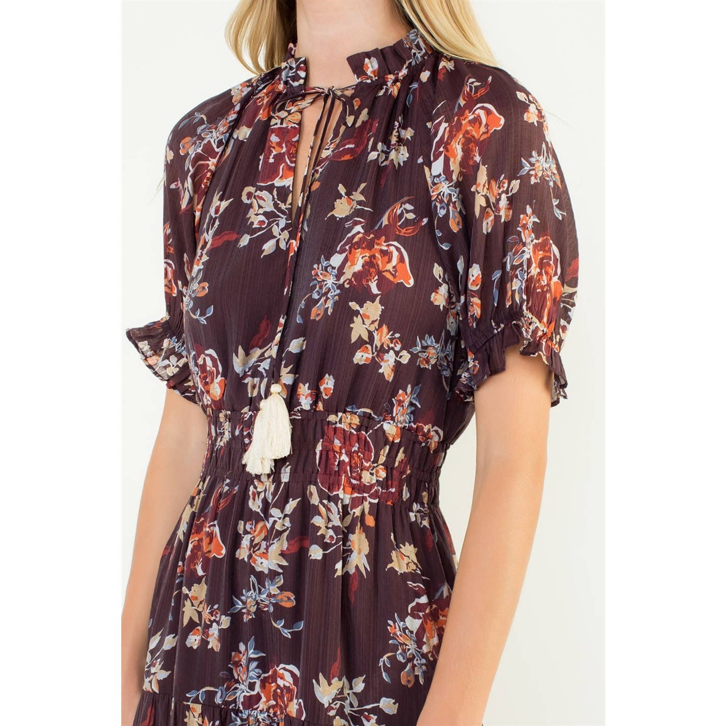 BURGUNDY Short Sleeve Floral Maxi Dress for wholesale on Faire3