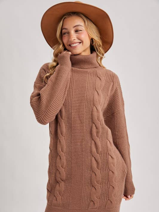 Turtle Neck Chunky Cable Knit Sweater Dress for wholesale by Pink Irene Wholesale