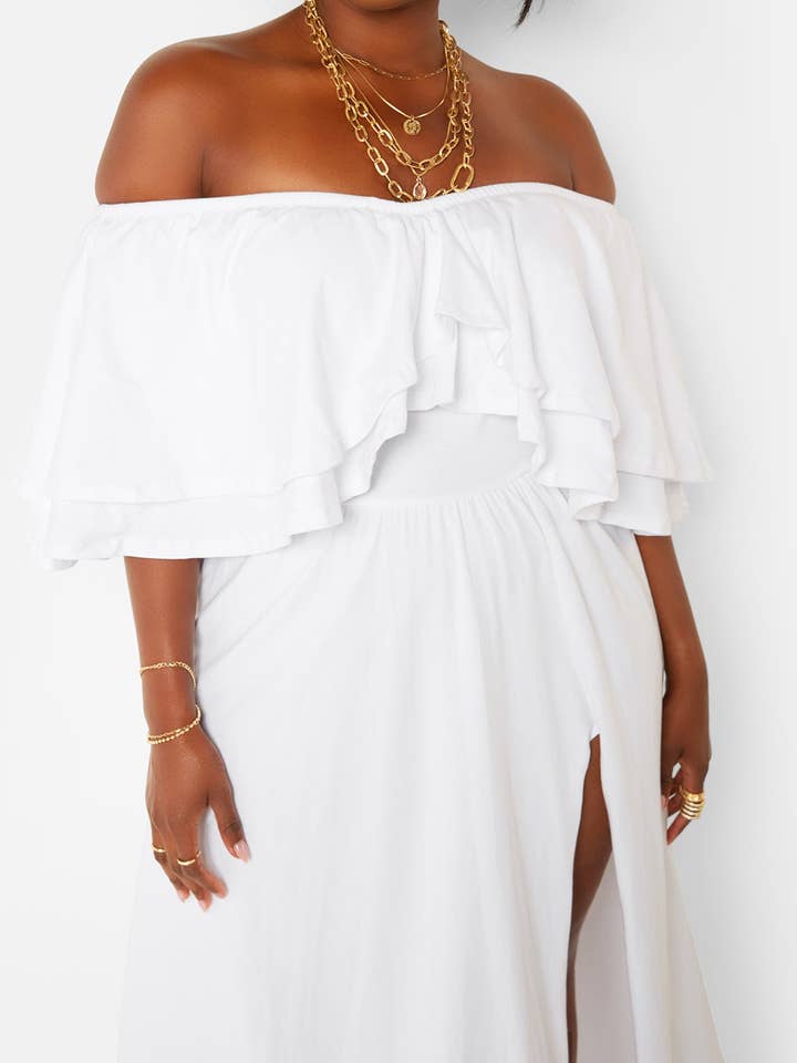 White Rock The Boat Ruffle Over The Shoulder Side Slit Skater Maxi Dress for wholesale on Faire