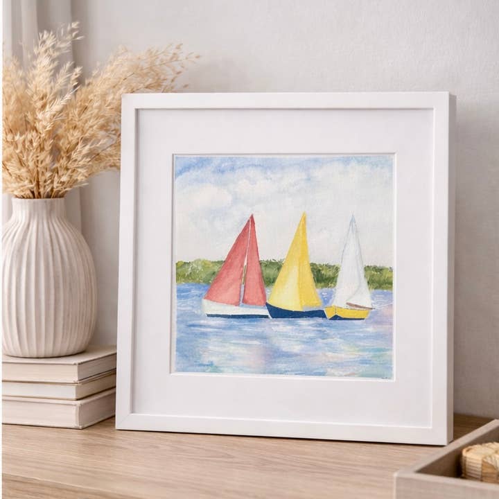 Bunte Segel | Original Aquarell, gerahmt, 12x12 für den Großhandel von Paper Shells Studio